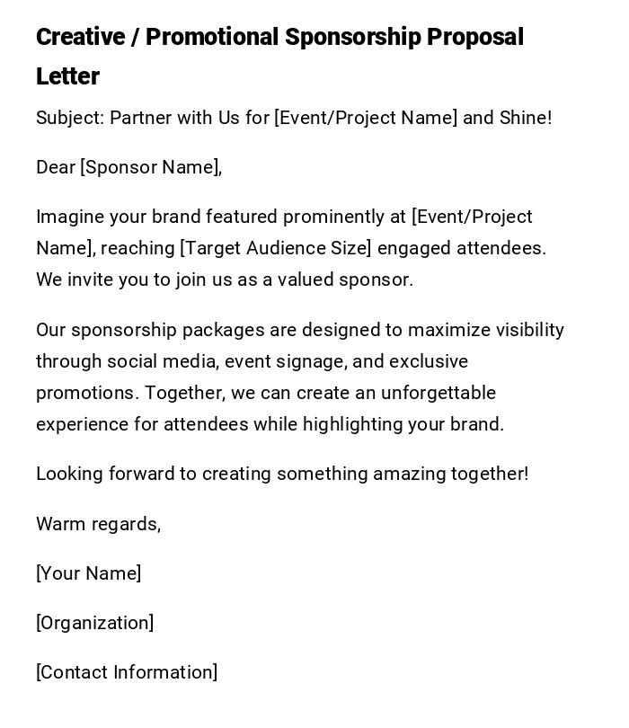Creative / Promotional Sponsorship Proposal Letter Creative / Promotional Sponsorship Proposal Letter