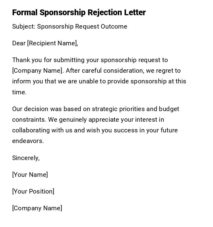 Formal Sponsorship Rejection Letter Formal Sponsorship Rejection Letter
