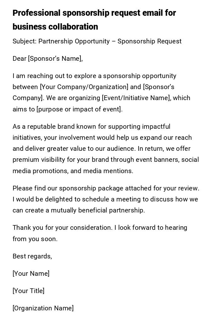 Professional sponsorship request email for business collaboration Professional sponsorship request email for business collaboration