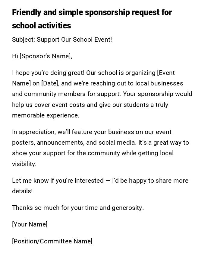 Friendly and simple sponsorship request for school activities Friendly and simple sponsorship request for school activities