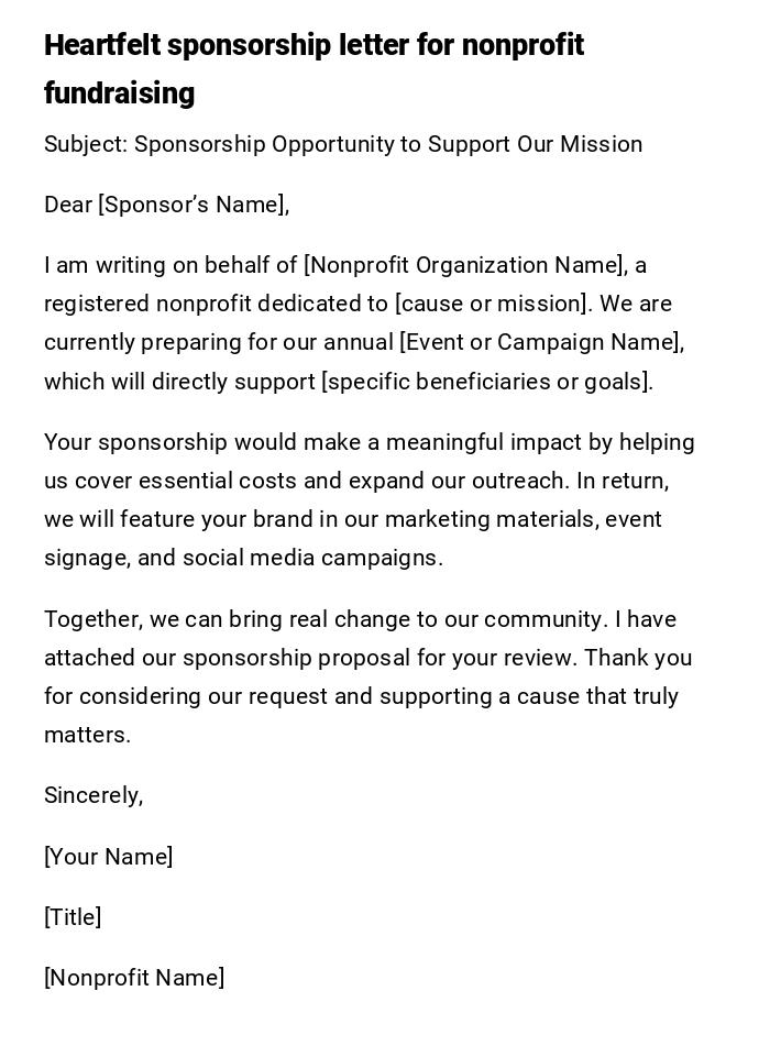 Heartfelt sponsorship letter for nonprofit fundraising Heartfelt sponsorship letter for nonprofit fundraising