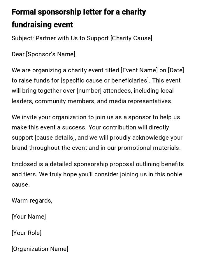 Formal sponsorship letter for a charity fundraising event Formal sponsorship letter for a charity fundraising event