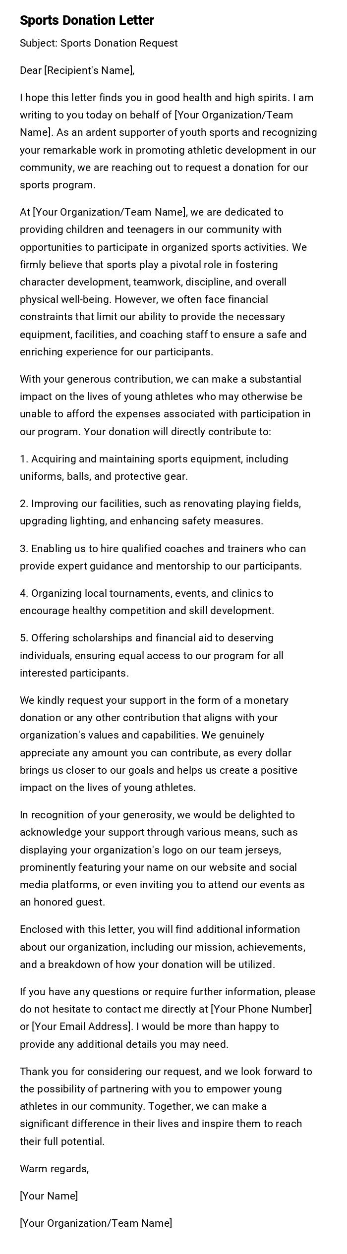 Sports Donation Letter