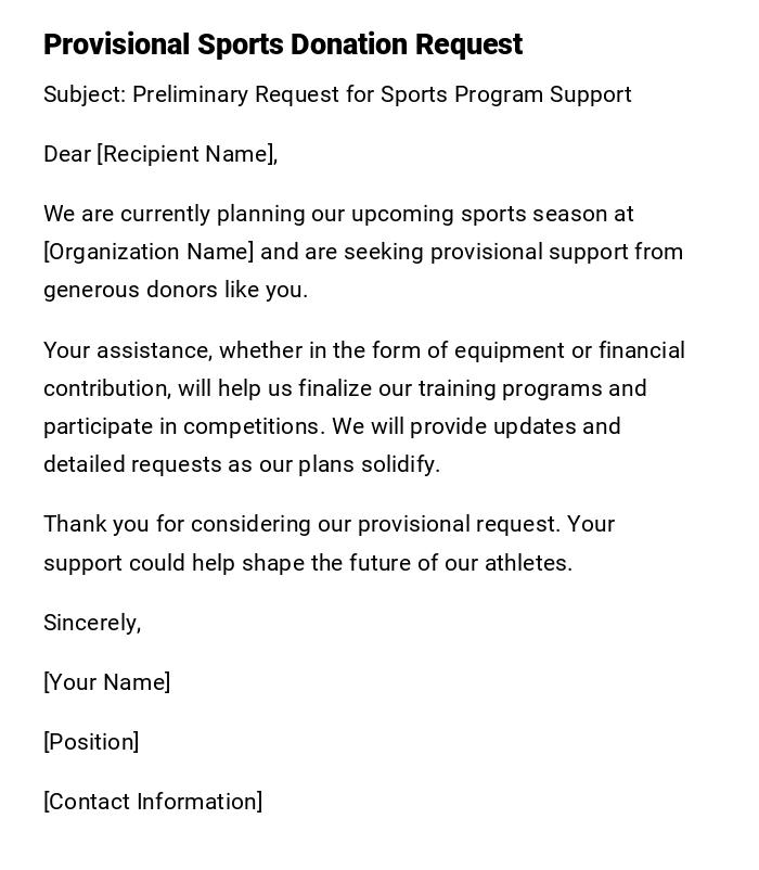 Provisional Sports Donation Request Provisional Sports Donation Request