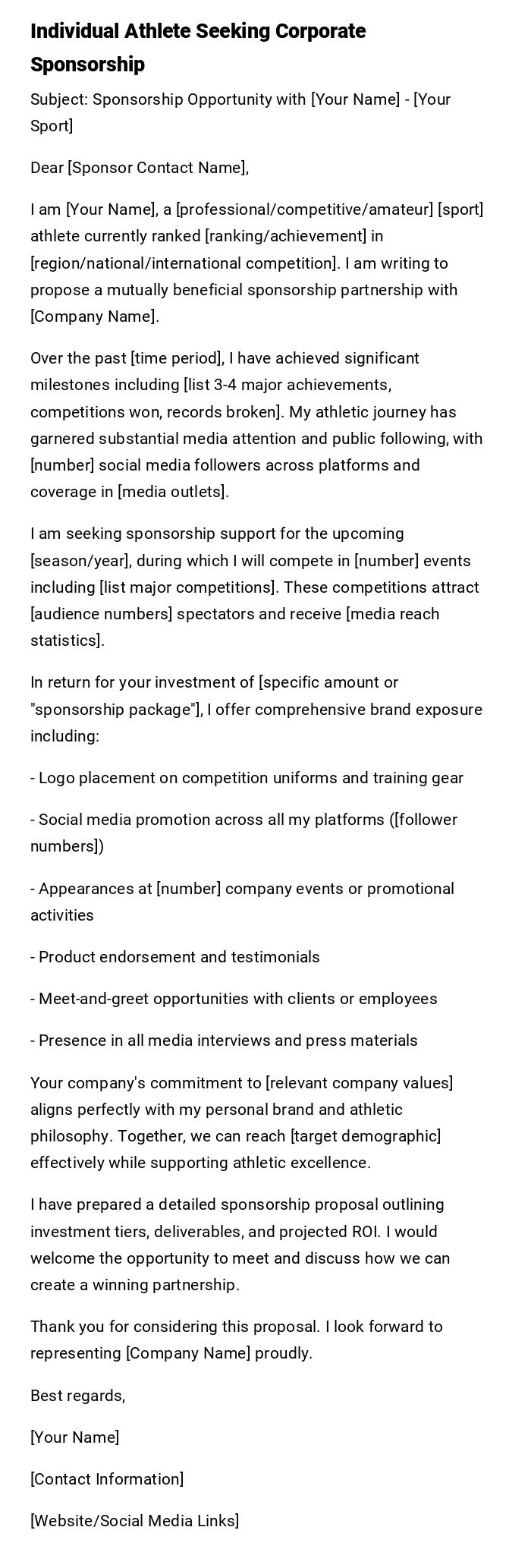 Individual Athlete Seeking Corporate Sponsorship Individual Athlete Seeking Corporate Sponsorship