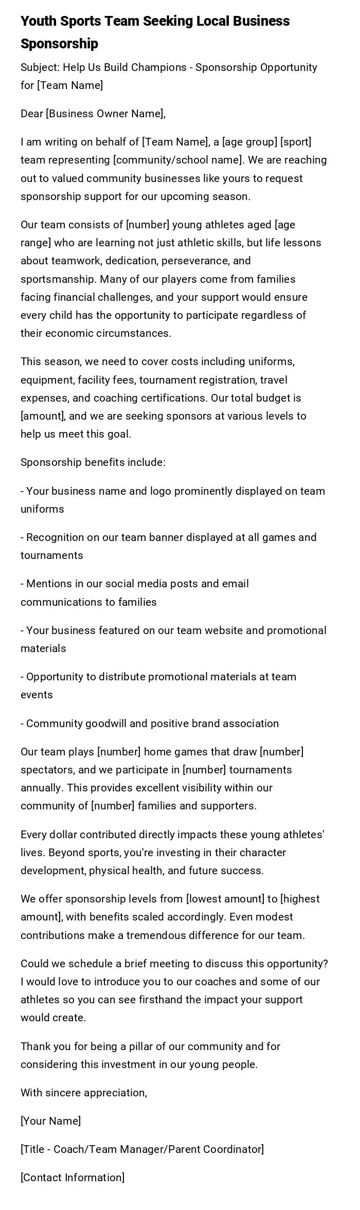 Youth Sports Team Seeking Local Business Sponsorship Youth Sports Team Seeking Local Business Sponsorship