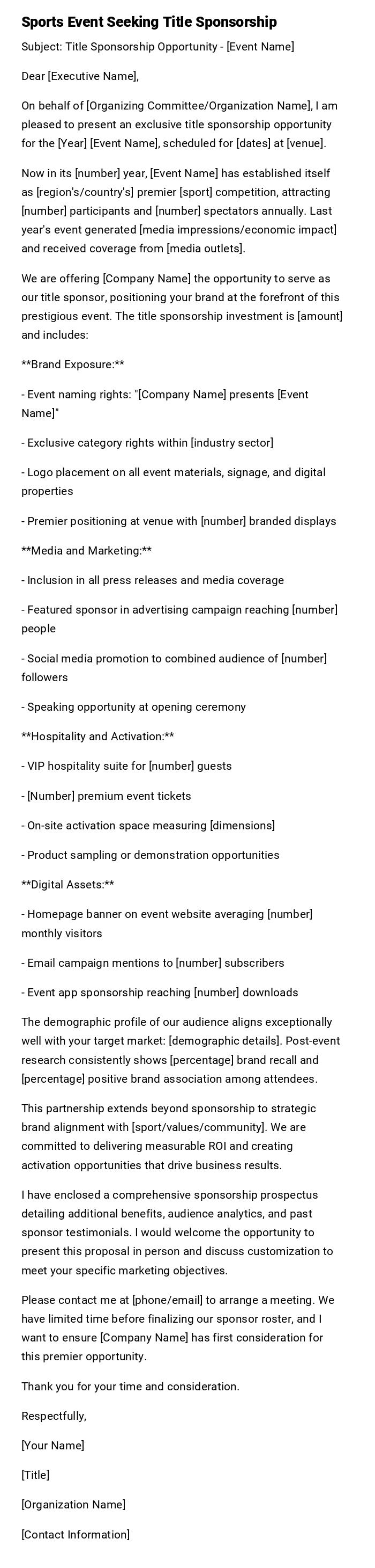 Sports Event Seeking Title Sponsorship Sports Event Seeking Title Sponsorship