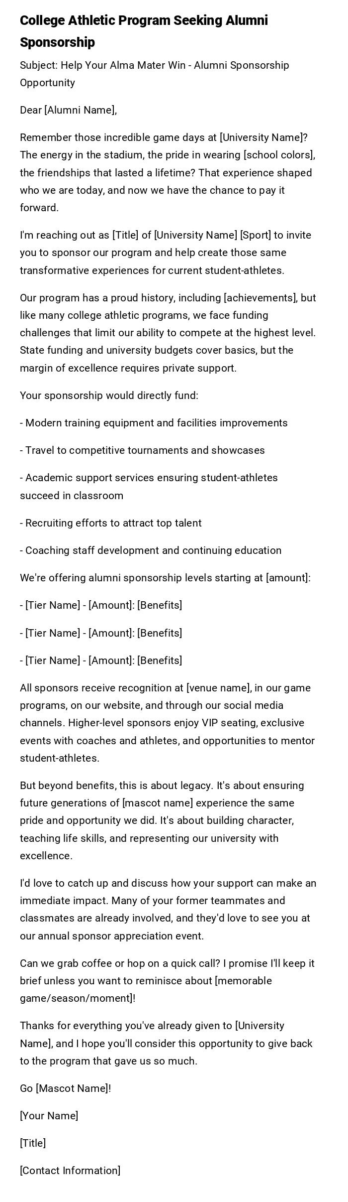 College Athletic Program Seeking Alumni Sponsorship College Athletic Program Seeking Alumni Sponsorship