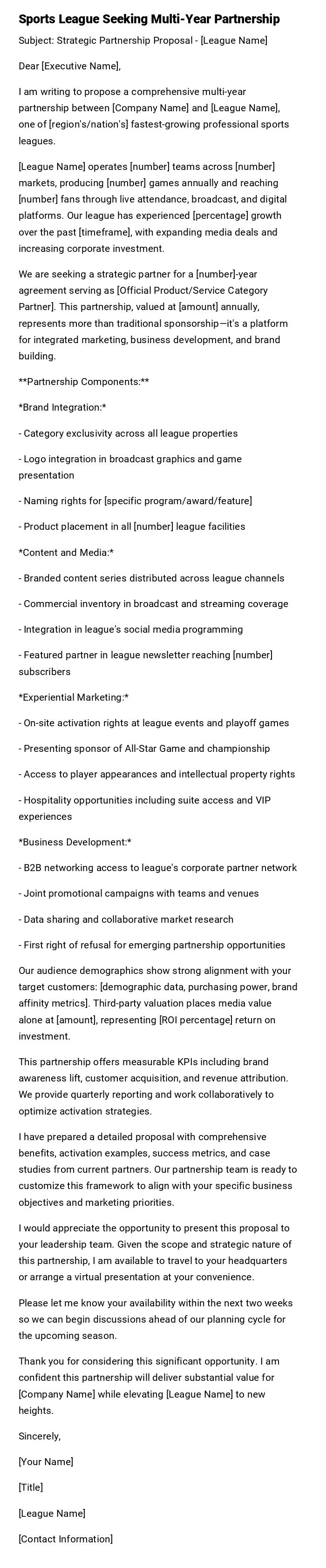 Sports League Seeking Multi-Year Partnership Sports League Seeking Multi-Year Partnership