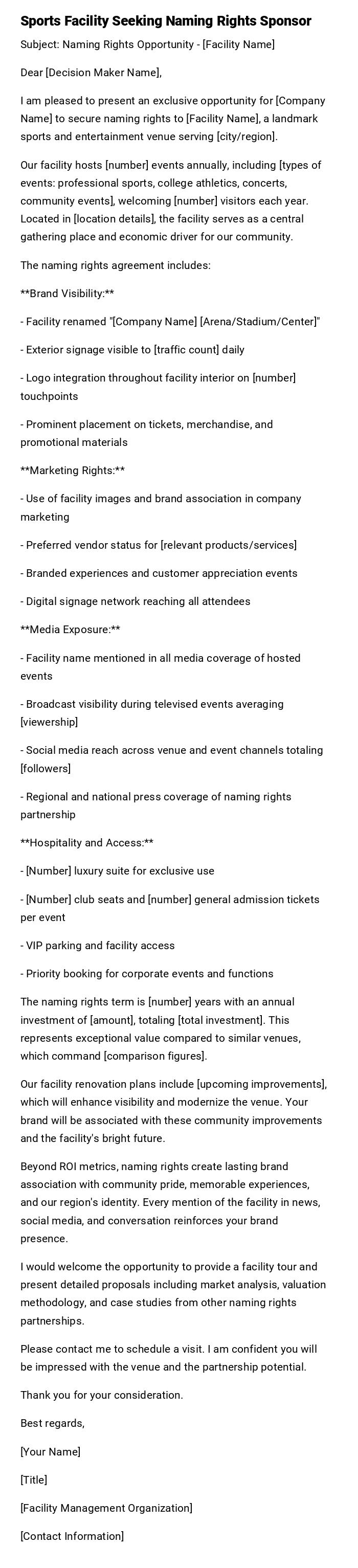 Sports Facility Seeking Naming Rights Sponsor Sports Facility Seeking Naming Rights Sponsor