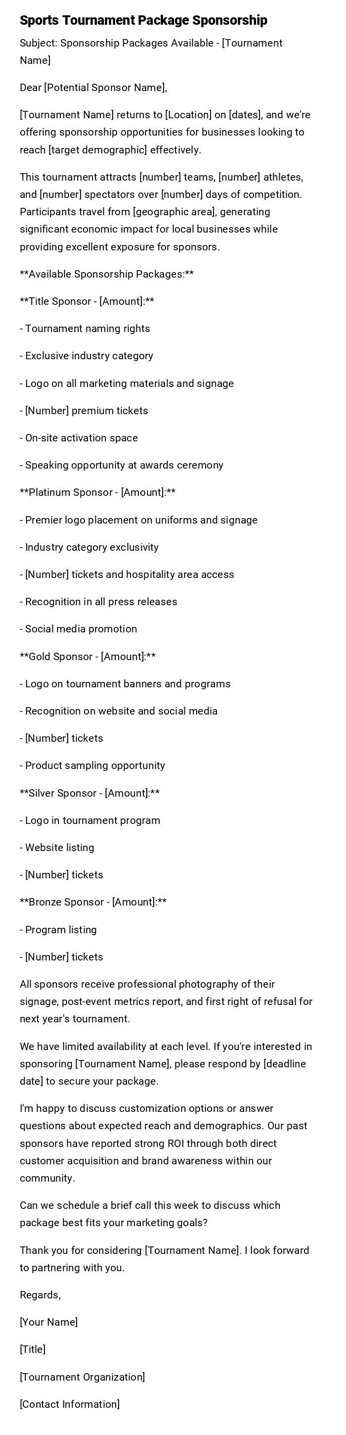 Sports Tournament Package Sponsorship Sports Tournament Package Sponsorship