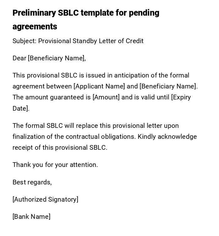 Preliminary SBLC template for pending agreements Preliminary SBLC template for pending agreements