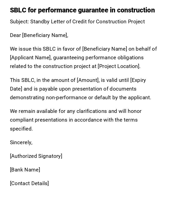 SBLC for performance guarantee in construction SBLC for performance guarantee in construction