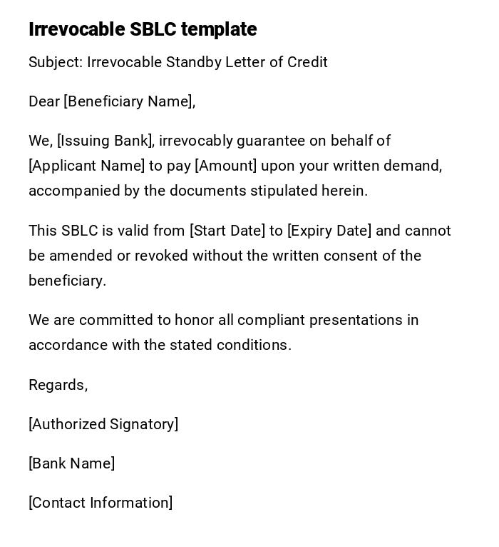 Irrevocable SBLC template Irrevocable SBLC template