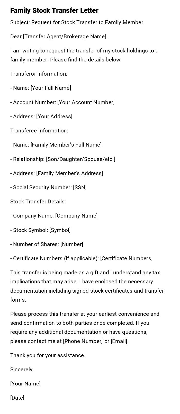 Family Stock Transfer Letter Family Stock Transfer Letter