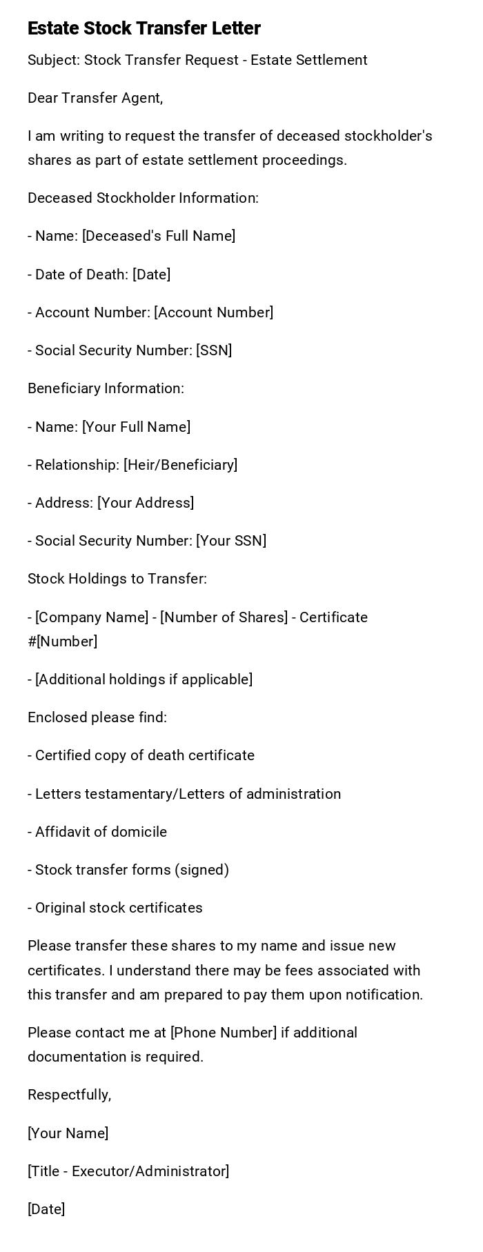 Estate Stock Transfer Letter Estate Stock Transfer Letter