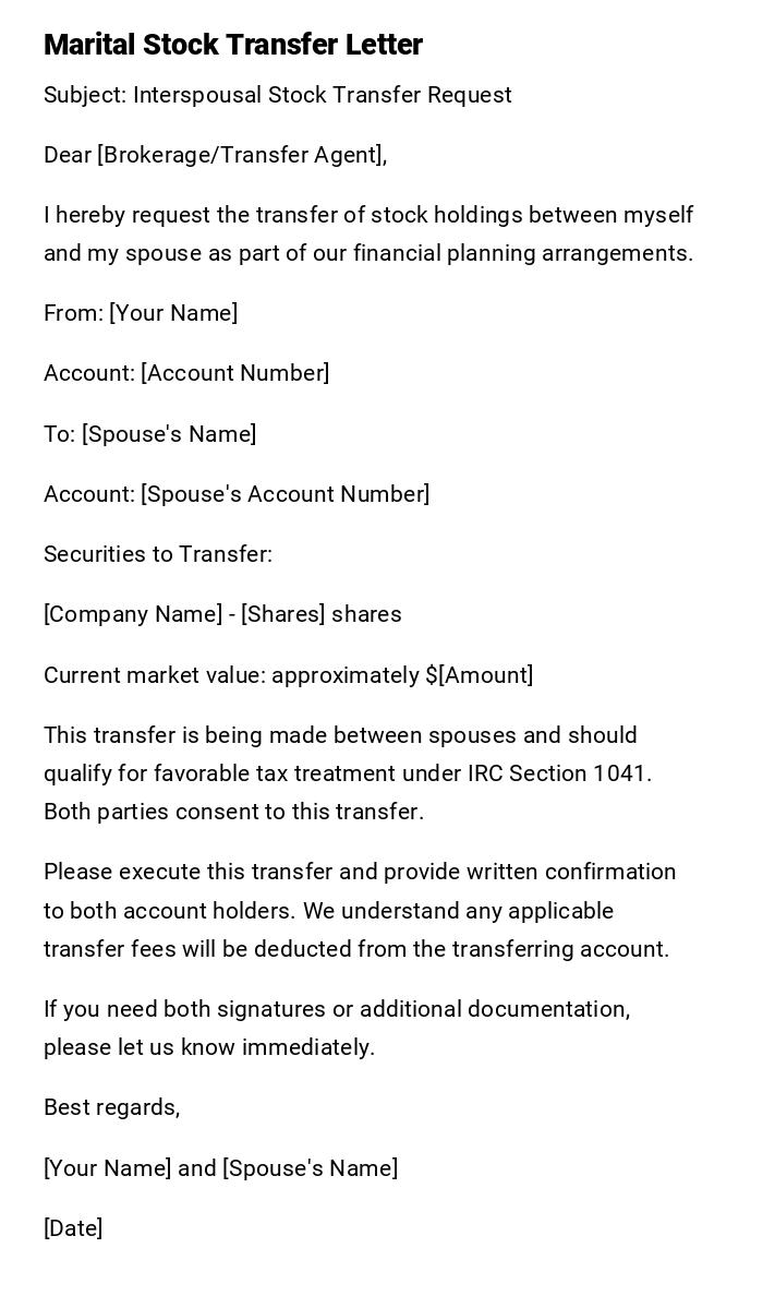 Marital Stock Transfer Letter Marital Stock Transfer Letter