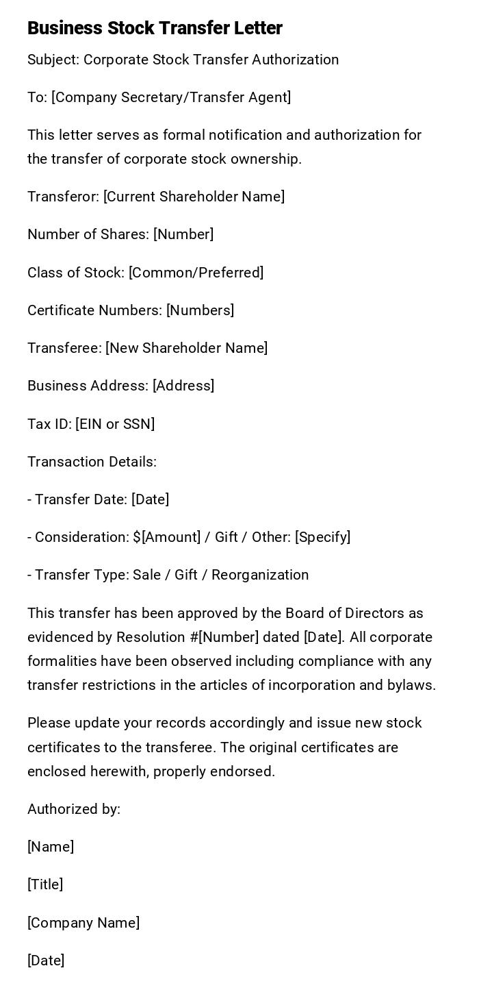 Business Stock Transfer Letter Business Stock Transfer Letter