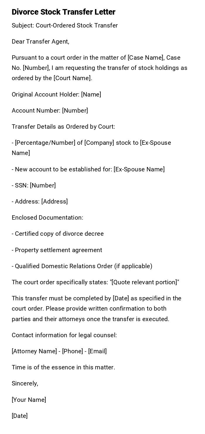 Divorce Stock Transfer Letter Divorce Stock Transfer Letter