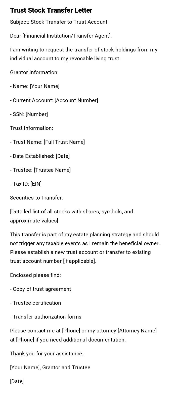 Trust Stock Transfer Letter Trust Stock Transfer Letter