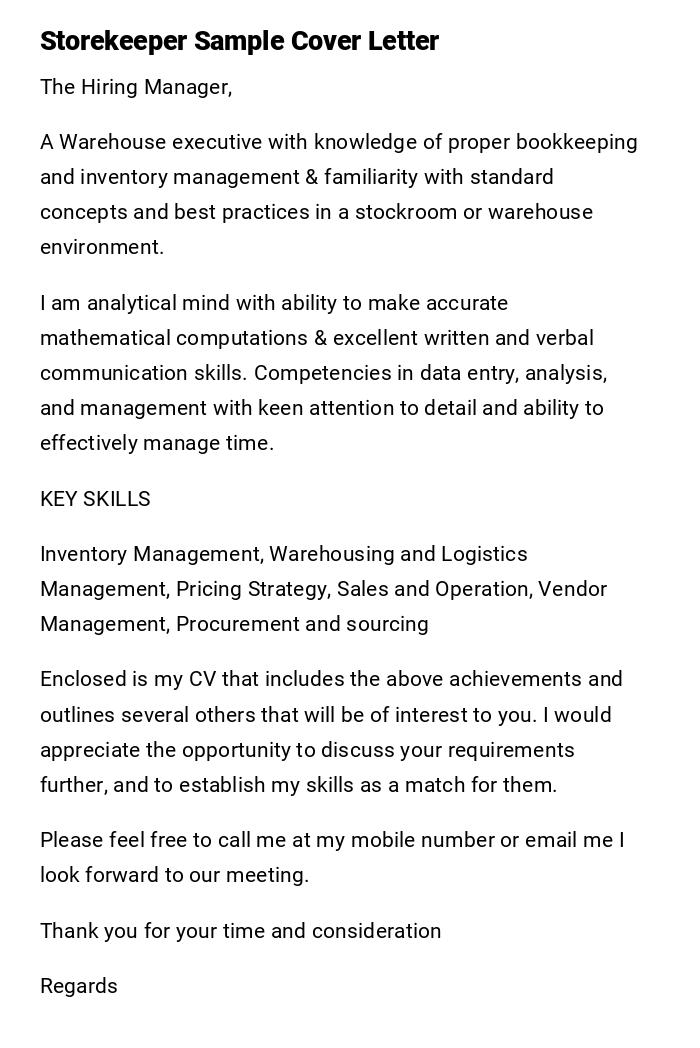 Storekeeper Sample Cover Letter Storekeeper Sample Cover Letter