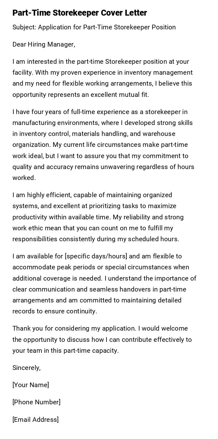 Part-Time Storekeeper Cover Letter Part-Time Storekeeper Cover Letter