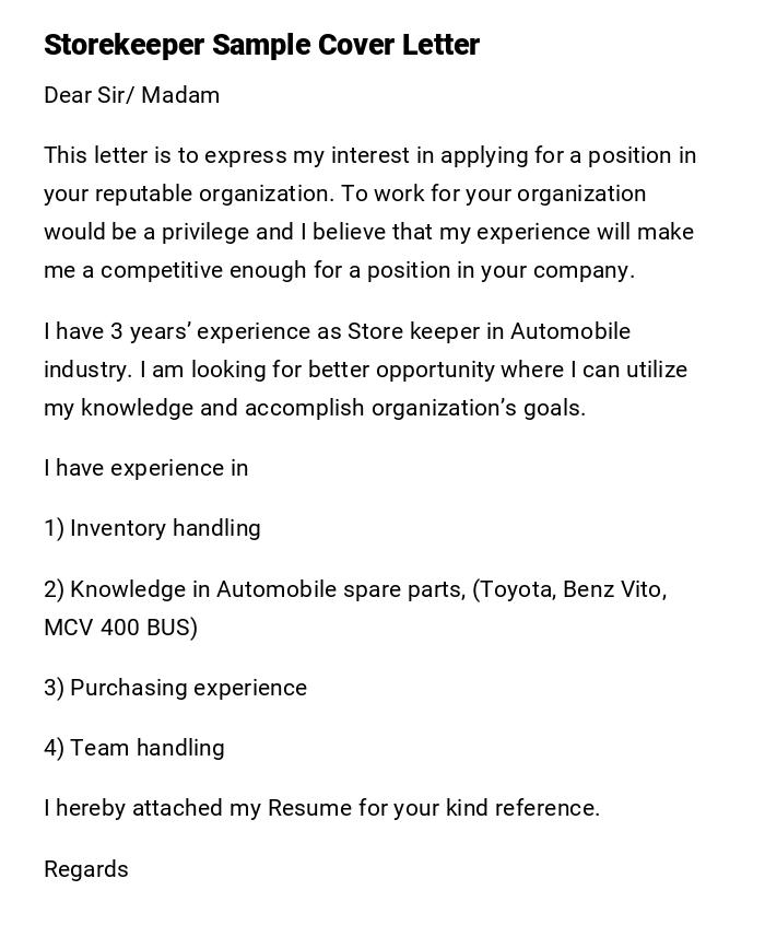 Storekeeper Sample Cover Letter Storekeeper Sample Cover Letter