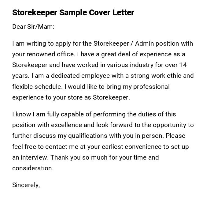 Storekeeper Sample Cover Letter Storekeeper Sample Cover Letter