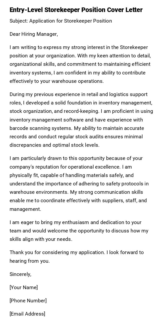Entry-Level Storekeeper Position Cover Letter Entry-Level Storekeeper Position Cover Letter
