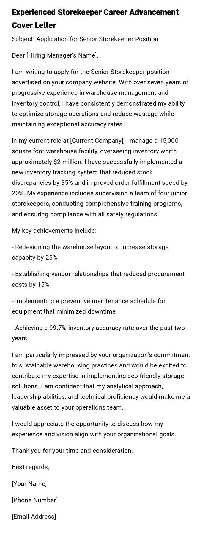 Experienced Storekeeper Career Advancement Cover Letter Experienced Storekeeper Career Advancement Cover Letter