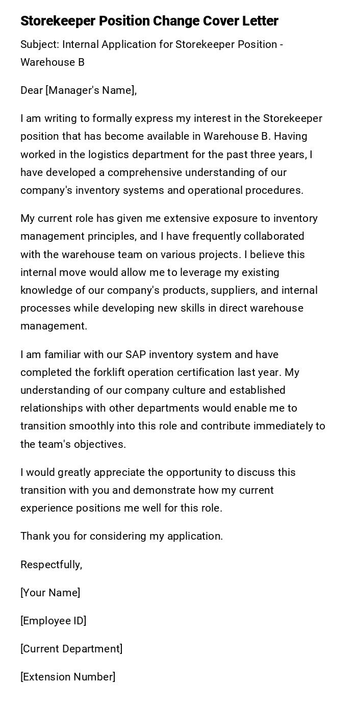 Storekeeper Position Change Cover Letter Storekeeper Position Change Cover Letter