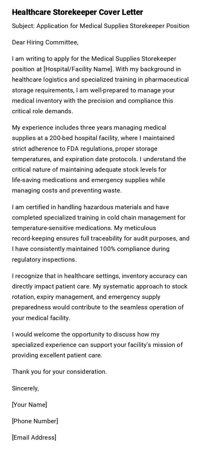 Healthcare Storekeeper Cover Letter Healthcare Storekeeper Cover Letter