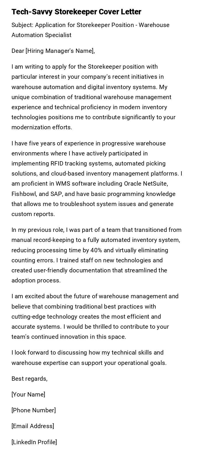 Tech-Savvy Storekeeper Cover Letter Tech-Savvy Storekeeper Cover Letter