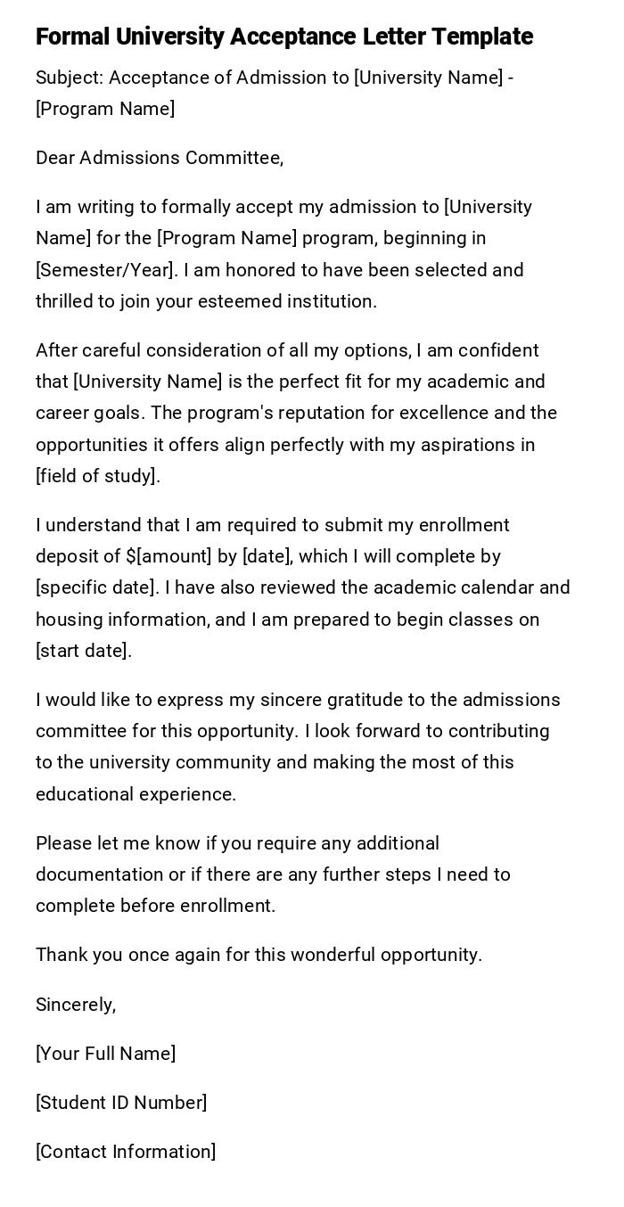 Formal University Acceptance Letter Template Formal University Acceptance Letter Template