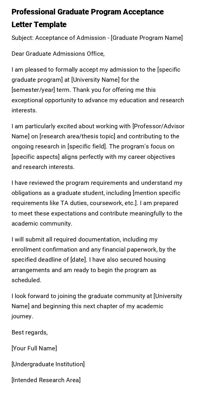 Professional Graduate Program Acceptance Letter Template Professional Graduate Program Acceptance Letter Template