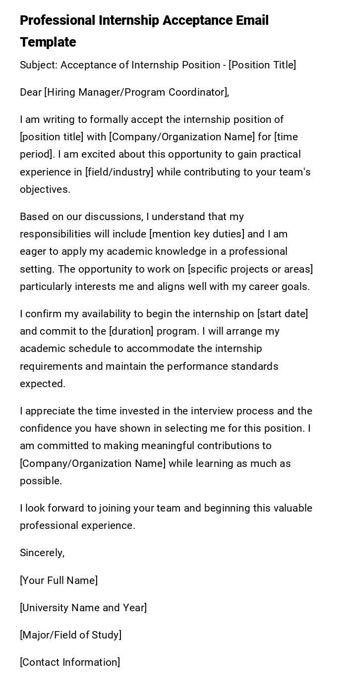 Professional Internship Acceptance Email Template Professional Internship Acceptance Email Template