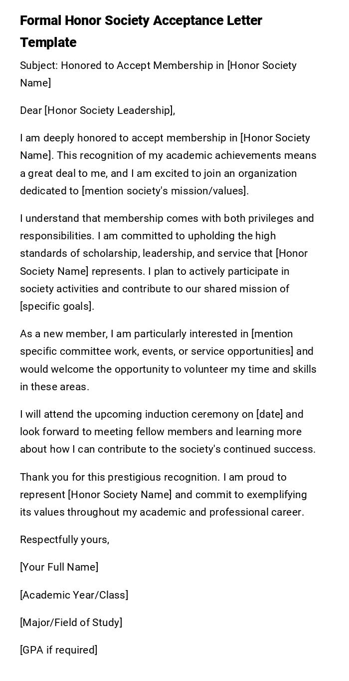 Formal Honor Society Acceptance Letter Template Formal Honor Society Acceptance Letter Template