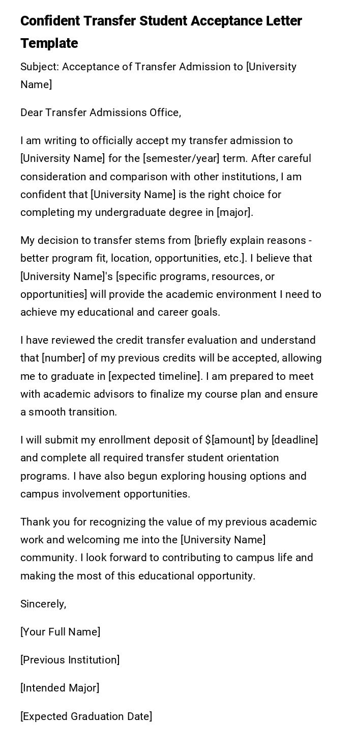 Confident Transfer Student Acceptance Letter Template Confident Transfer Student Acceptance Letter Template