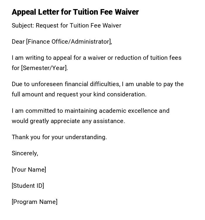 Appeal Letter for Tuition Fee Waiver