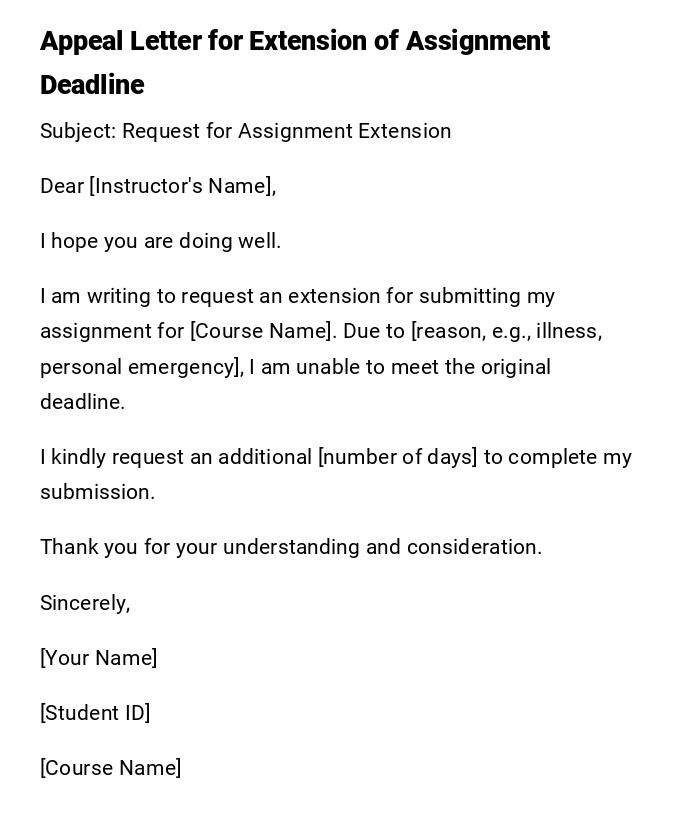 Appeal Letter for Extension of Assignment Deadline