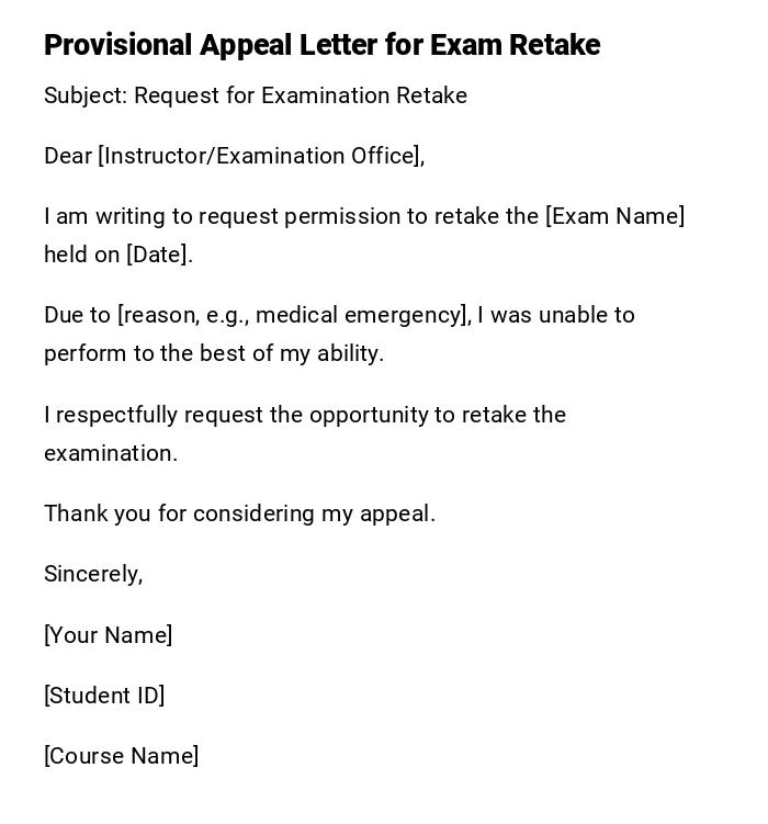 Provisional Appeal Letter for Exam Retake