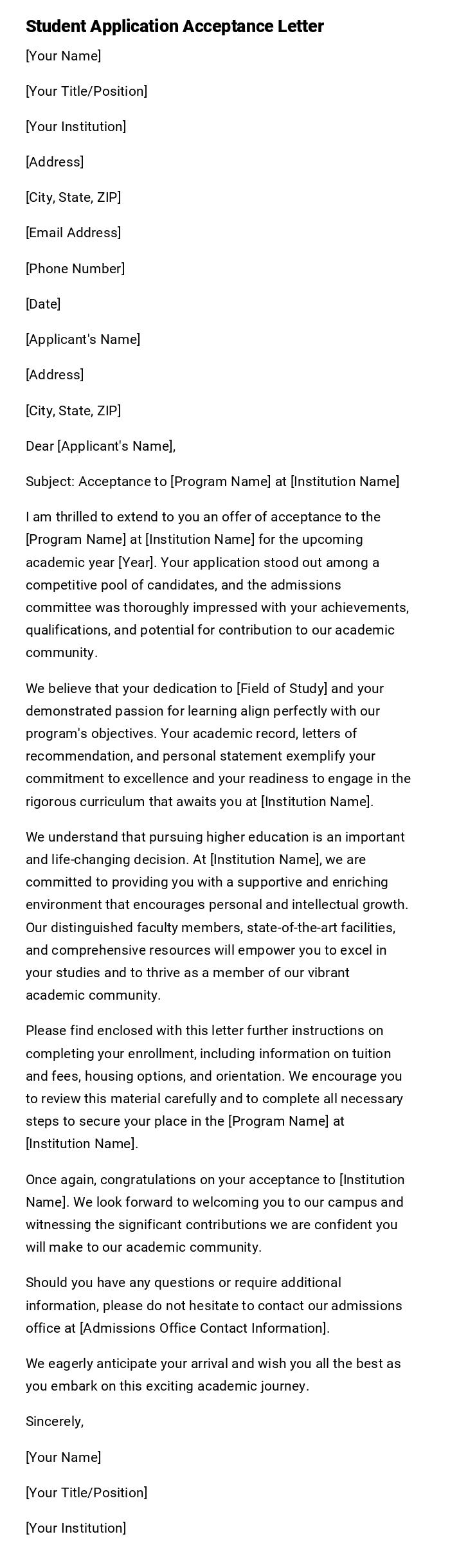 Student Application Acceptance Letter Student Application Acceptance Letter