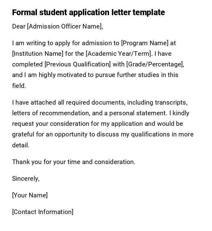 Formal student application letter template Formal student application letter template