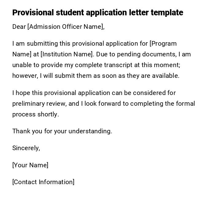 Provisional student application letter template Provisional student application letter template