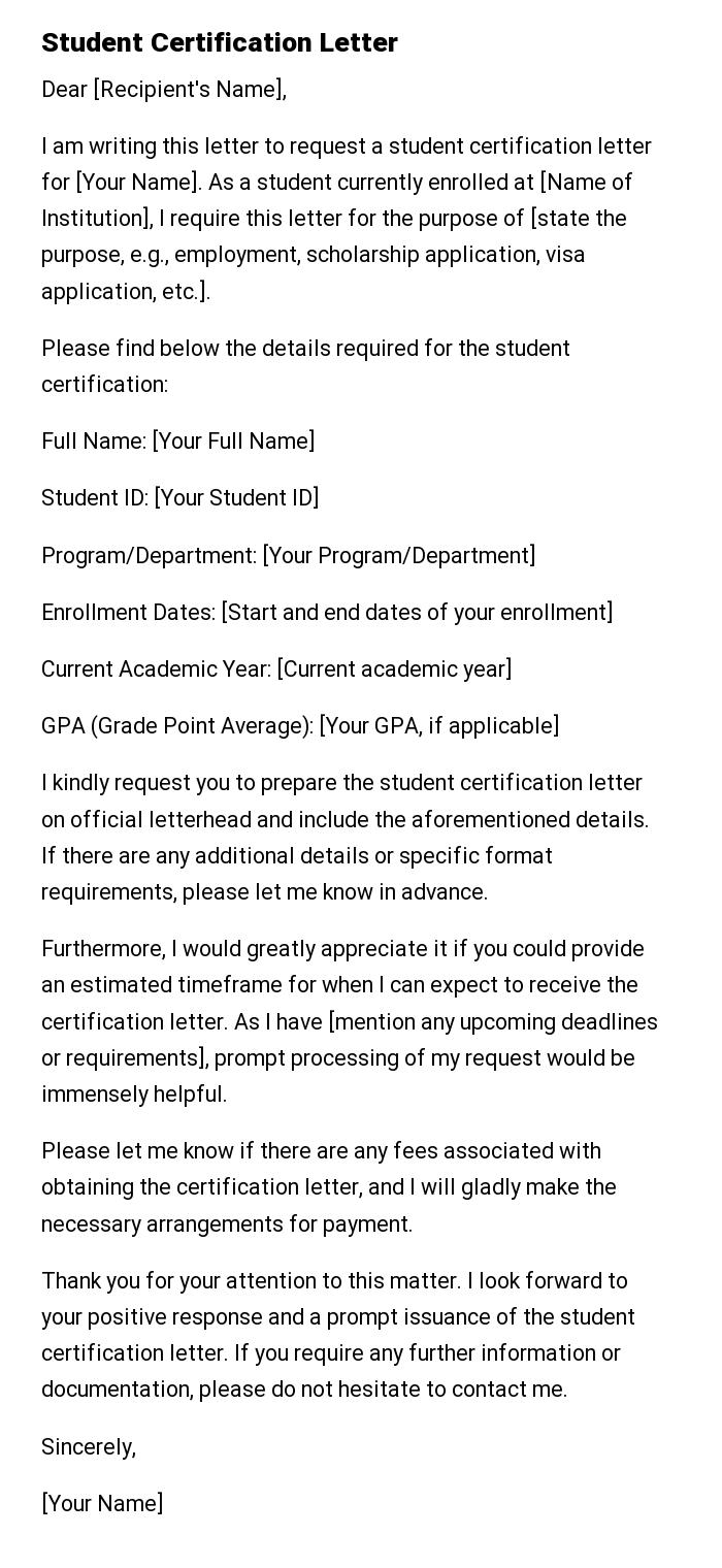 Student Certification Letter