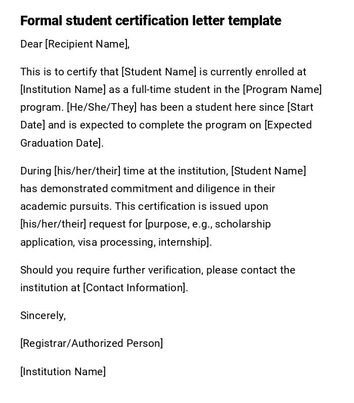 Formal student certification letter template Formal student certification letter template