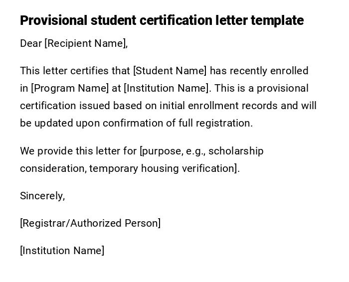 Provisional student certification letter template Provisional student certification letter template