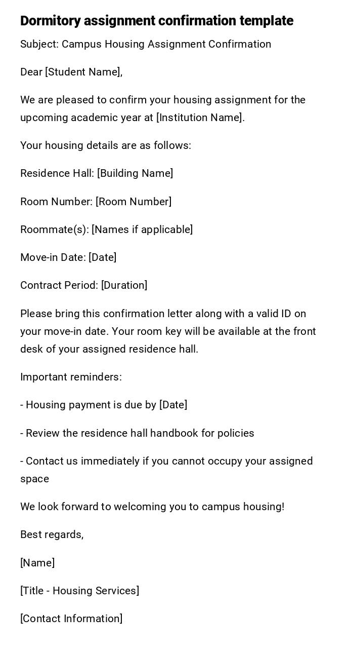Dormitory assignment confirmation template