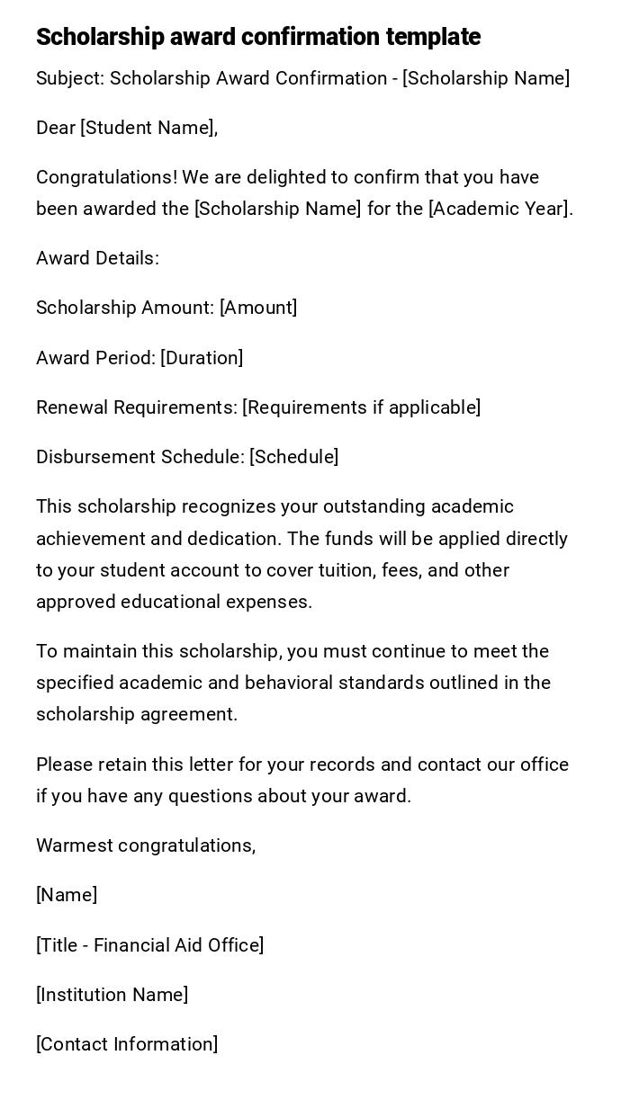 Scholarship award confirmation template