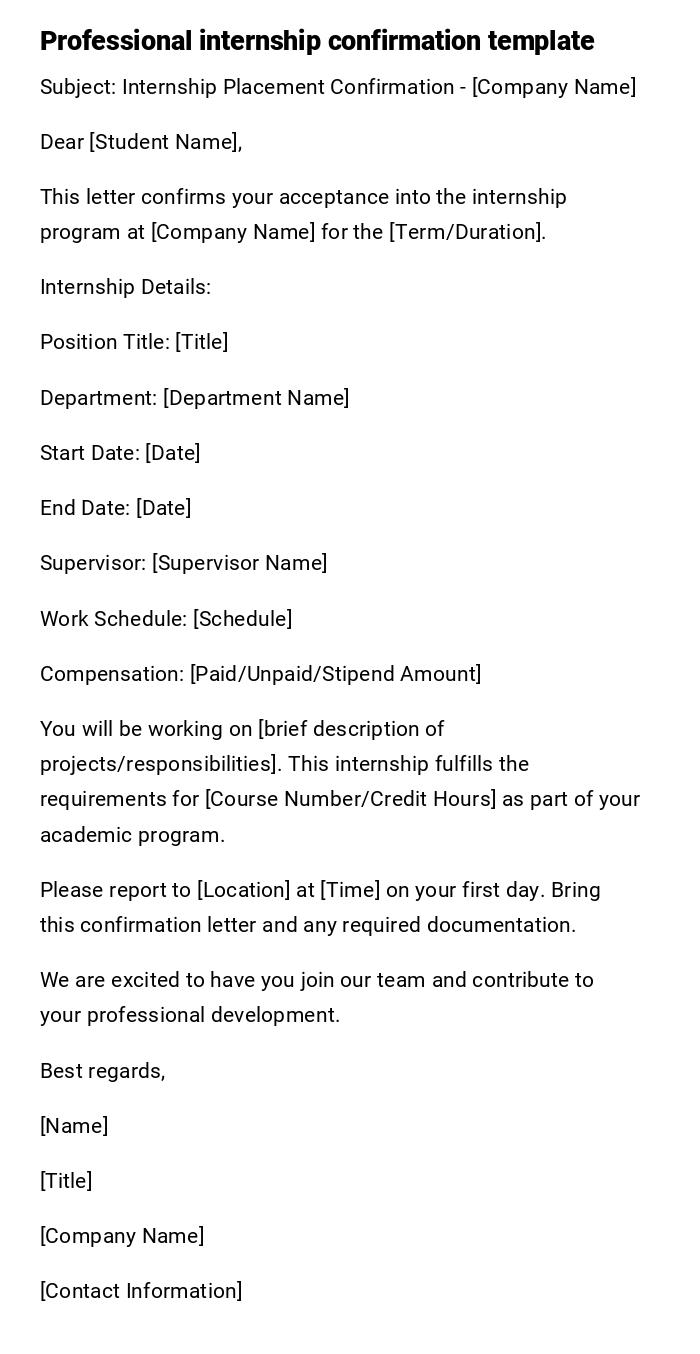Professional internship confirmation template